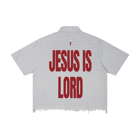 Jesus Is Lord Distressed Plaid Boxy Shirt