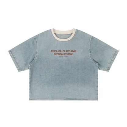 Unisex Vintage Wash Boxy Raw Hem Denim T-Shirt