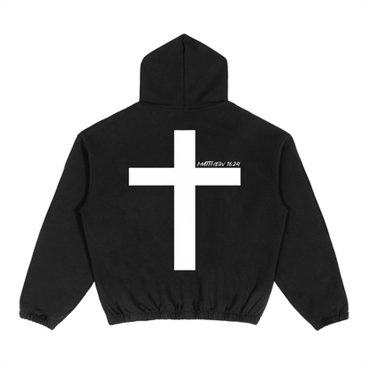 Black hoodie with a white cross on the back against a white background