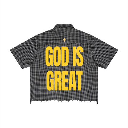 God Is Great Distressed Plaid Boxy Shirt